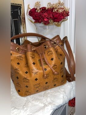 MCM Brown Visetos Drawstring Shoulder Bag